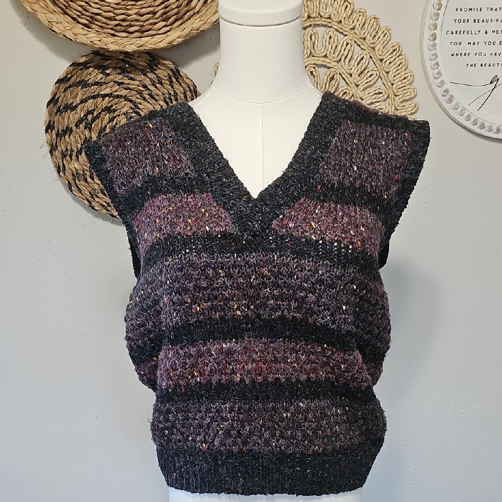 Vintage Tamaron Chunky Knit Sleeveless Sweater Vest Womens M Wool Blend Purple